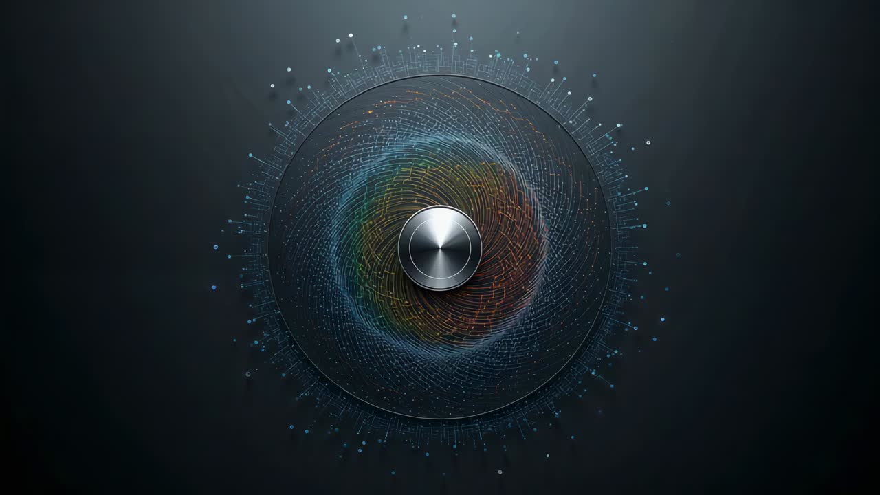 Starting at 0s, rotating disk with brushed knob sweeping blue halo, pulsing dots visualizing audio