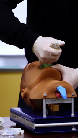 closeup detail of a medical simulation mannequin head used for practicing anesthetic techniques. healthcare and education vertical video