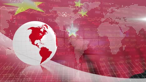 animation of graphical globe with map, grid pattern, trading board and china flag over businessman