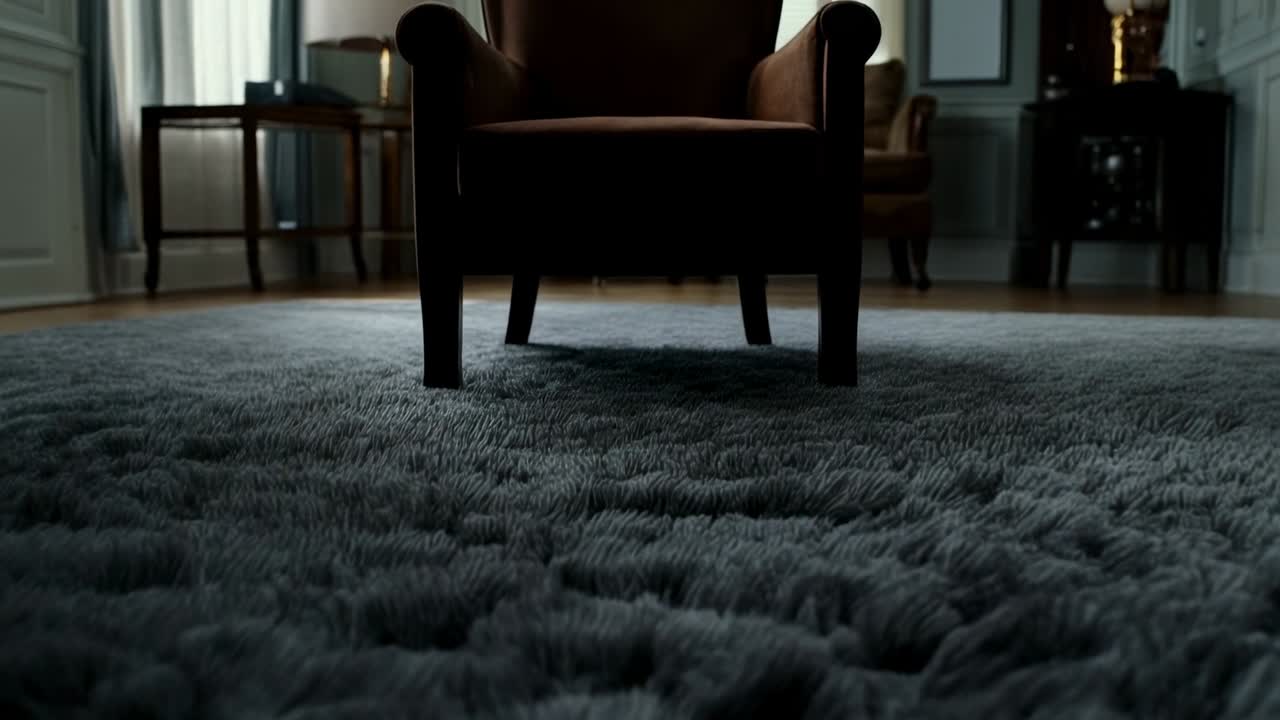 Allontanamento della camera che rivela un tappeto a pelo lungo scuro nel soggiorno, mostrando una poltrona e delle finestre