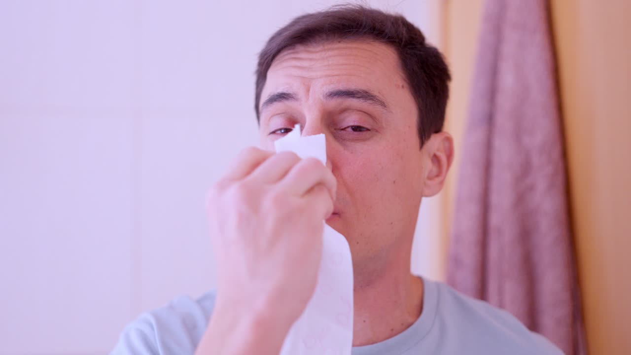 Sick man blowing his nose and suffering from cold