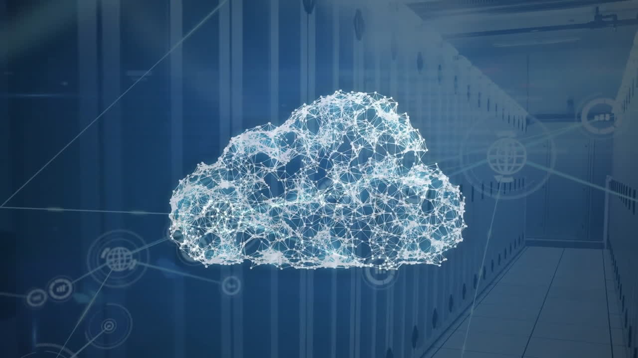 animación de iconos de nube con red de conexiones a través de la sala del servidor