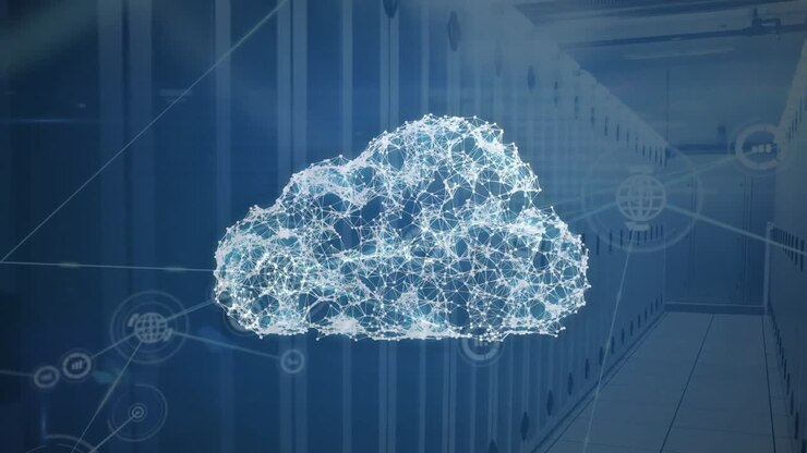 Animation of cloud icons with network of connections over server room