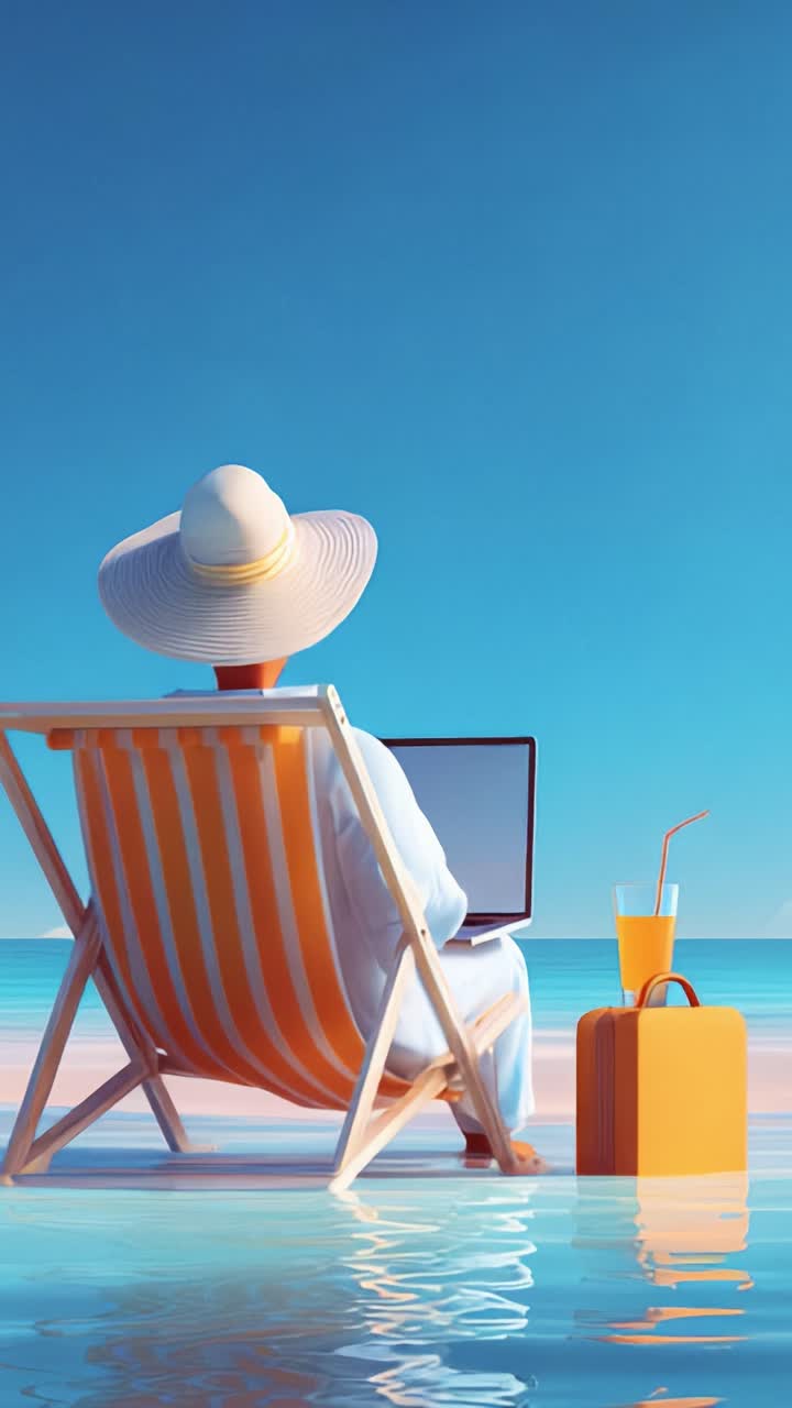 Una serena scena di relax e produttività, che ritrae una persona con un cappello da sole che lavora su un laptop mentre si gode un drink in riva al mare