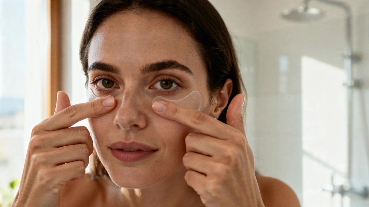 Holding under-eye patches up to face, woman pressing, smoothing using fingers at bathroom for care