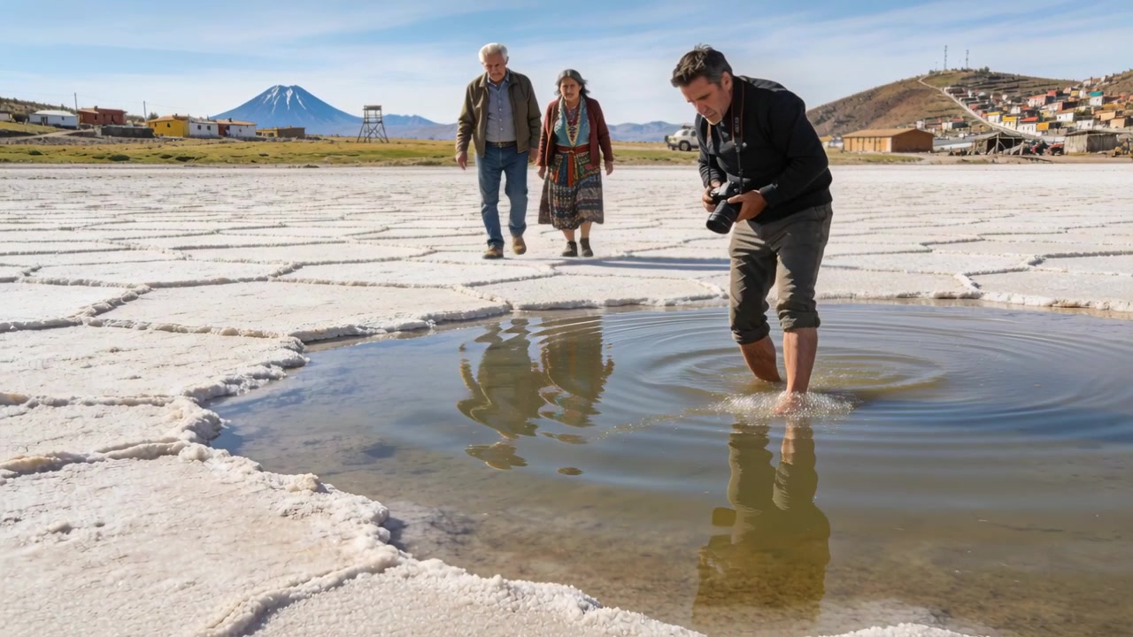 Entering salt pool, photographer rolled-pants dark-jacket framing DSLR for reflection, copy space