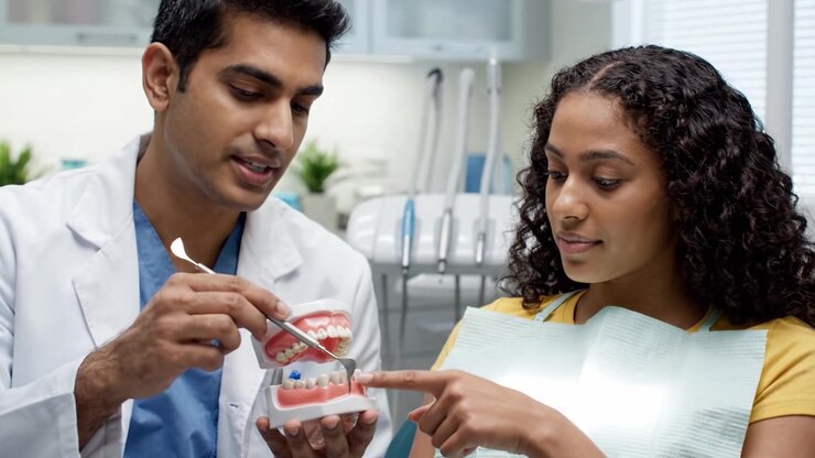 A Dentist Educates a Patient Using a Dental Model to Demonstrate Proper Oral Hygiene Practices and Tooth Care Techniques in a Welcoming Clinic Environment
