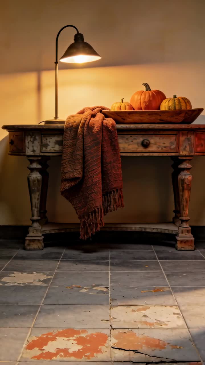 Displaying rustic console table with lit lamp, blanket, three pumpkins on cracked entryway tiles