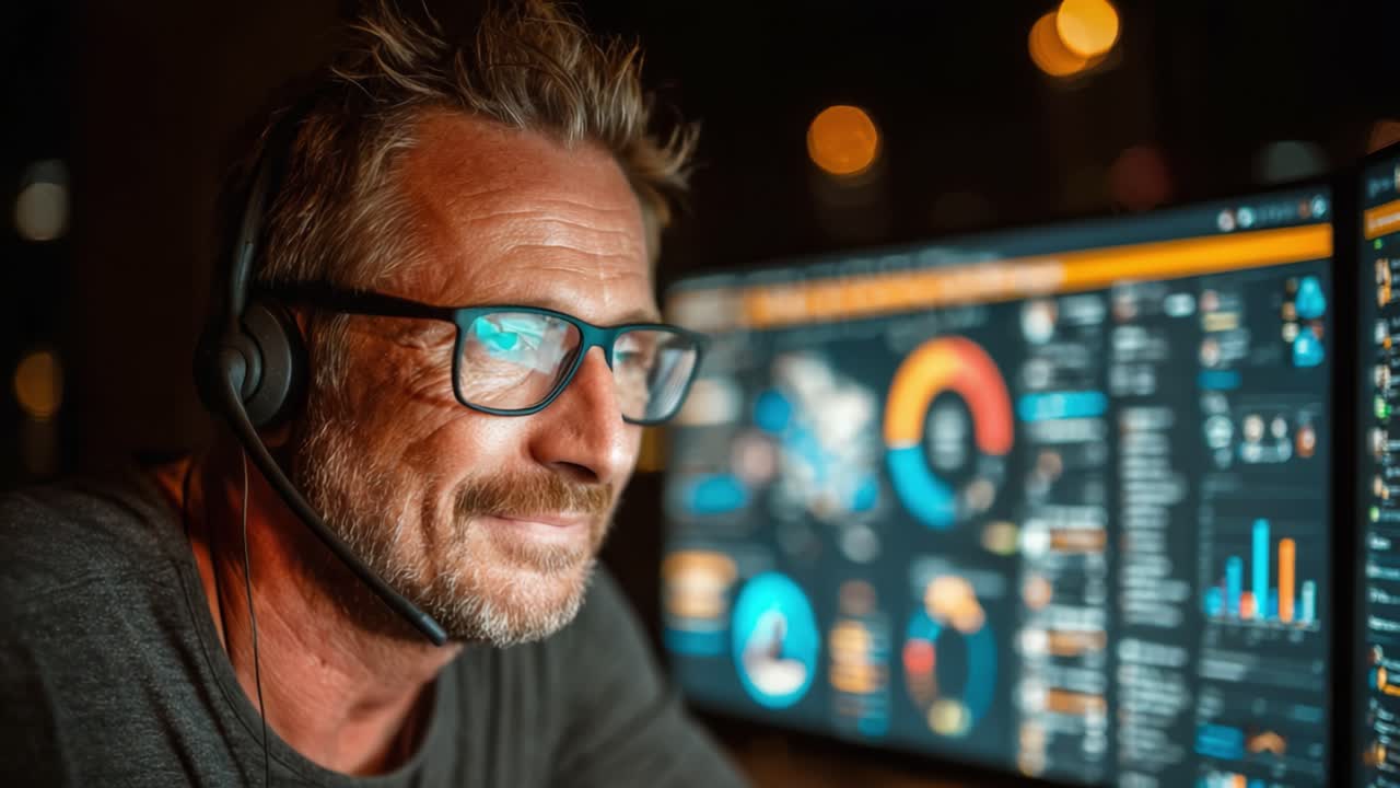 Focused Professional Man Working with Technology and Data Analytics on Dual Monitors, Surrounded by a Warm Ambient Background Lighting