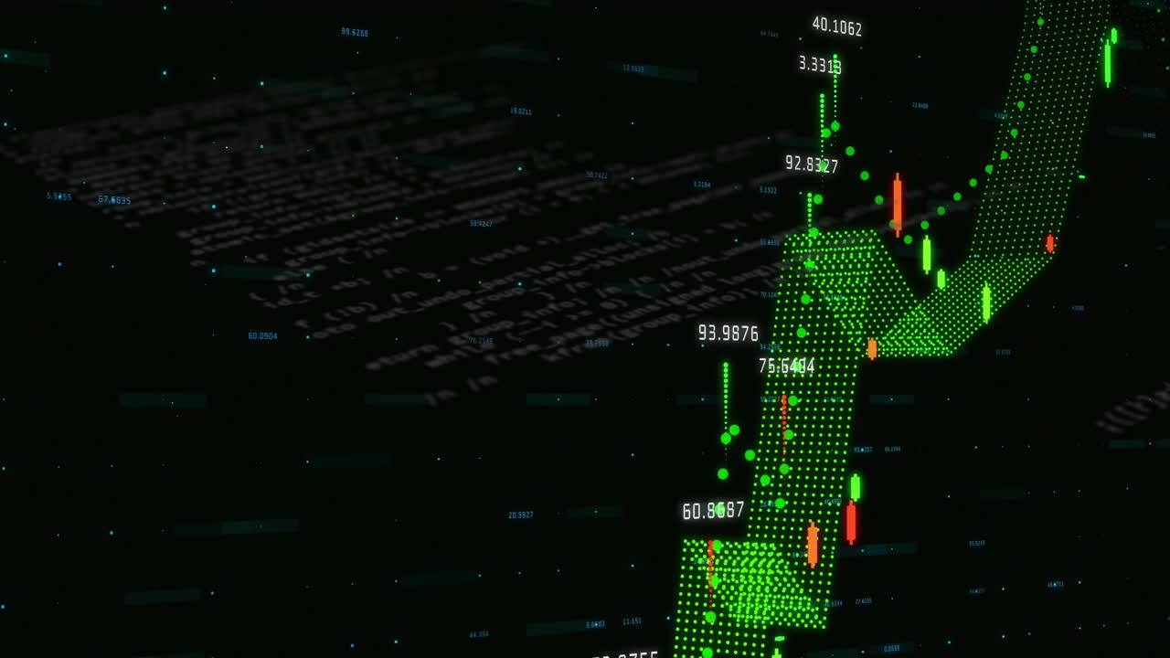 Animation of financial trends with digital graph and green data points