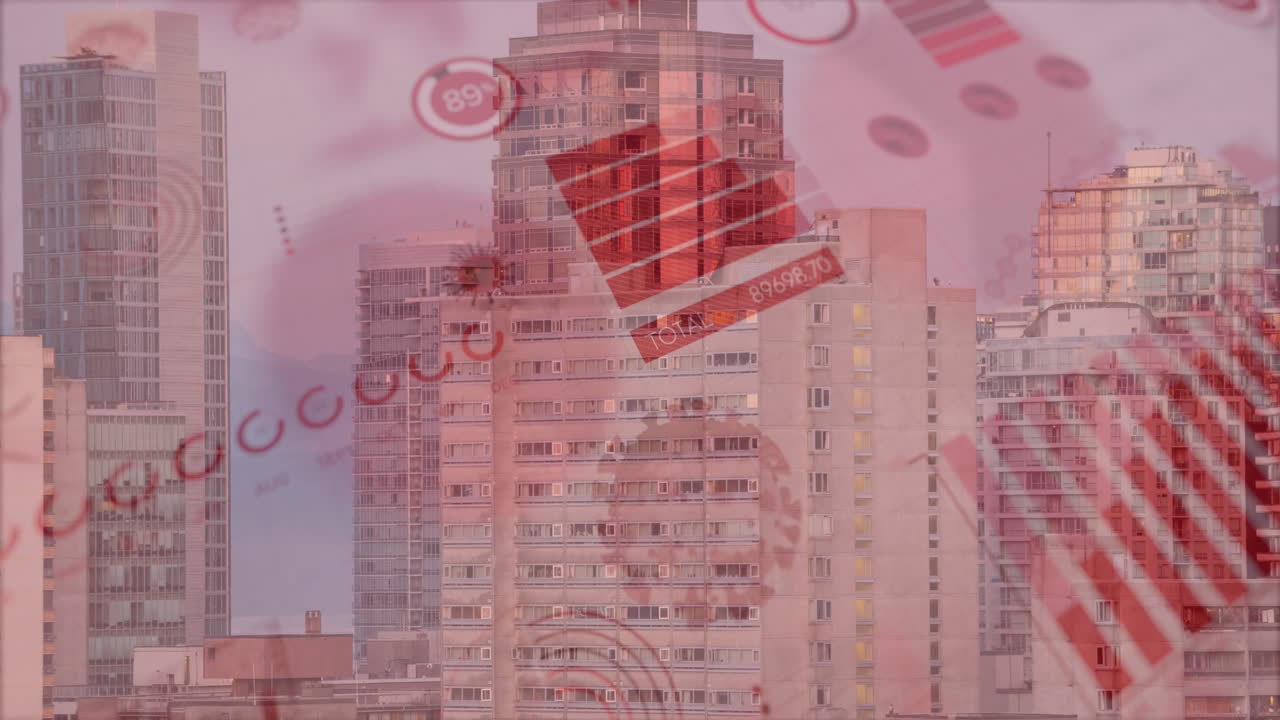 핑크색 배경에 도시 풍경 위에 떠다니는 코로나19 세포와 통계 기록의 애니메이션