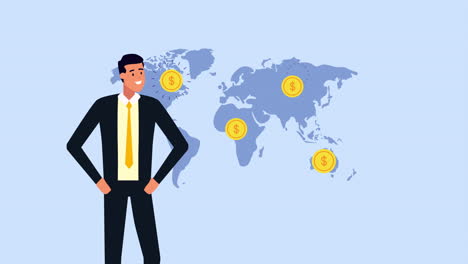 elegant businessman worker with world planet and coins