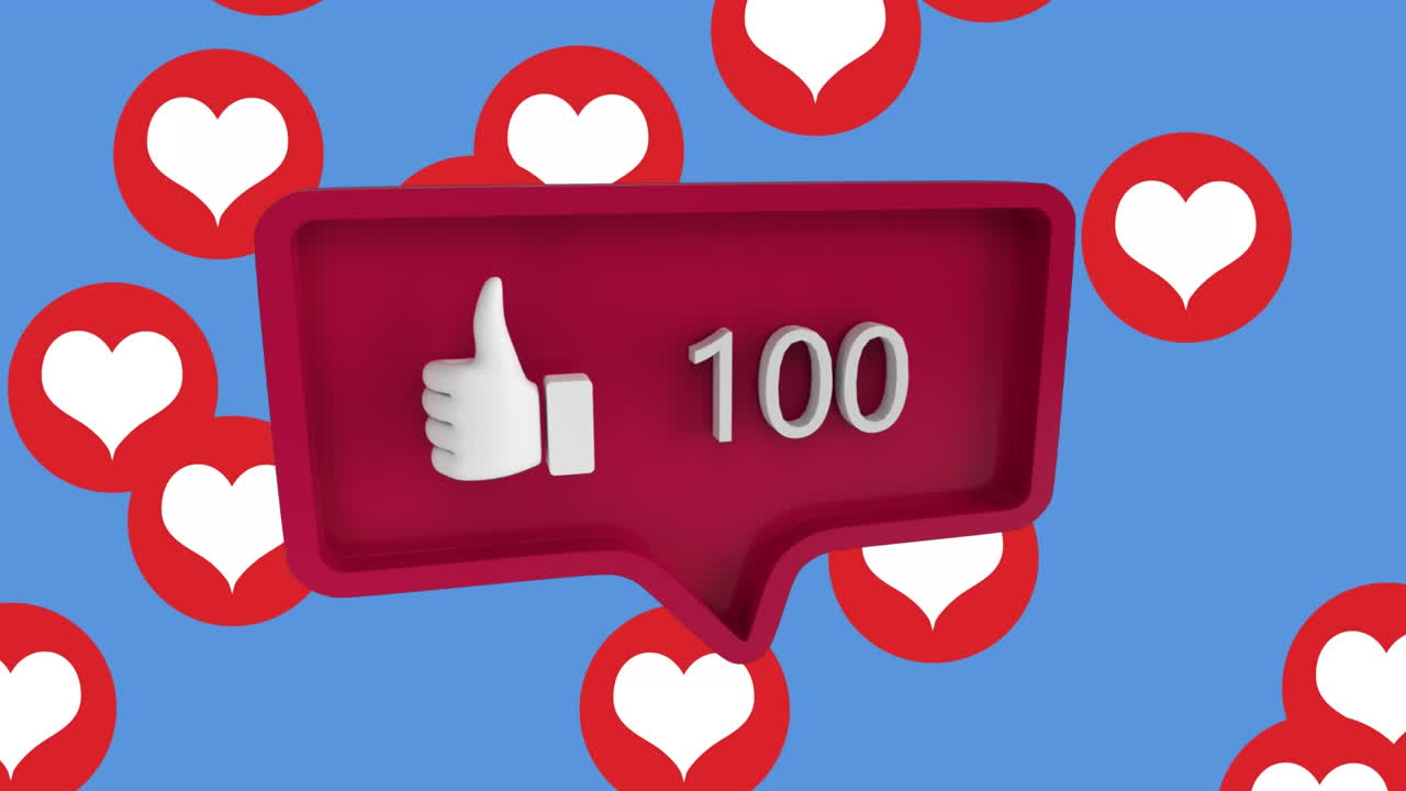 burbuja de habla con icono de pulgares hacia arriba y números crecientes contra iconos de corazón en fondo azul
