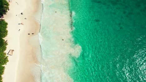 Mahe-Seychelles-Clientes-Disfrutando-De-Las-Grandes-Olas-En-La-Playa,-Playa-De-Arena-Blanca,-Agua-Turquesa