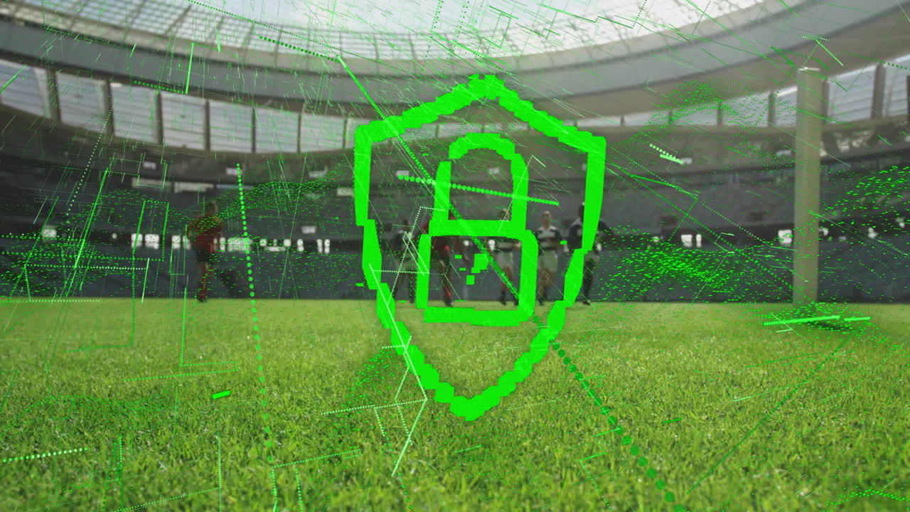 Green digital lock animation over football stadium field during daytime
