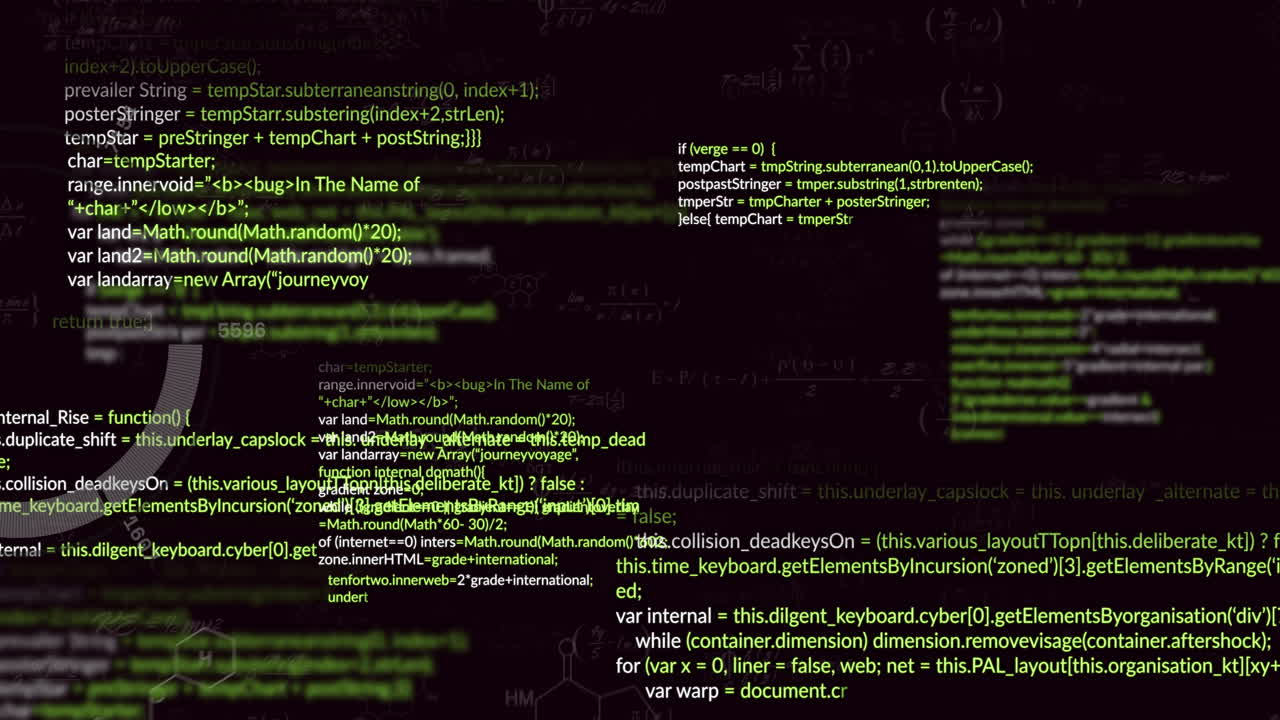Animation of green code snippets and functions with equations on dark background