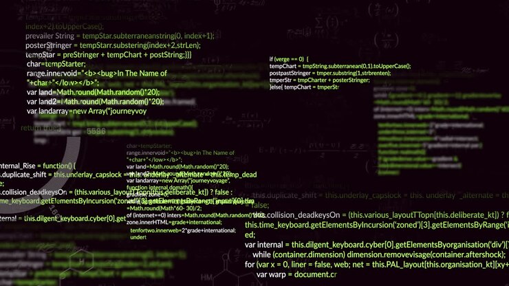 Анимация зеленых фрагментов кода и функций с уравнениями на темном фоне.