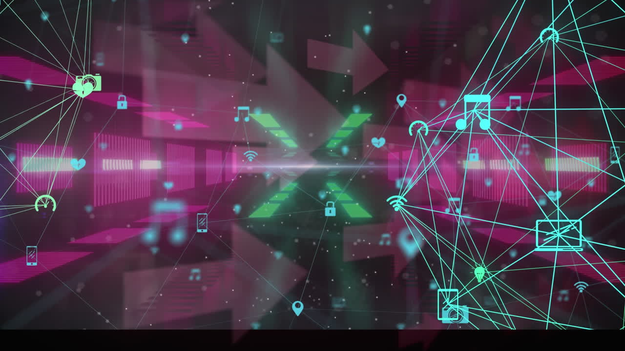 빛나는 터널을 배경으로 디지털 아이콘의 세계