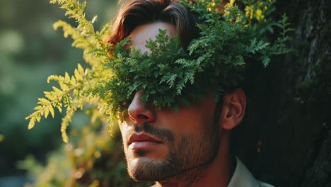 man with plant eyes in forest