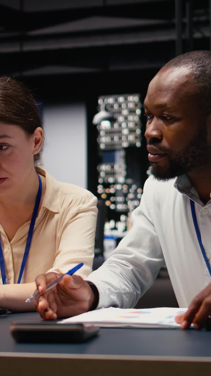 Vertical Video Diverse group of business professionals working together in workspace