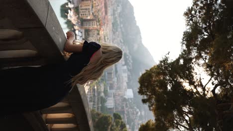 Vertical---Young-Brunette-Woman-Admiring-Scenery-From-Viewpoint-Of-Port-de-Fontvieille-In-Monaco