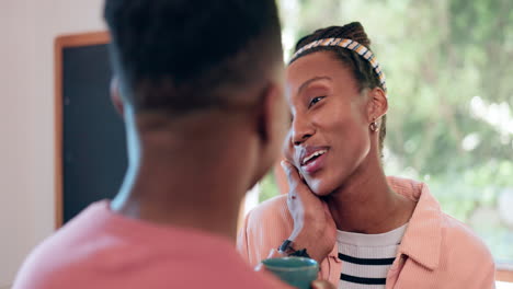 Happy-face,-kitchen-and-black-couple-with-tea