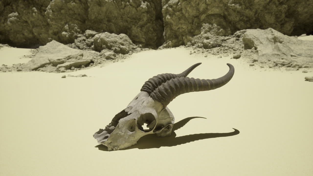 Skull of a ram resting on sandy ground in a desert location at noon