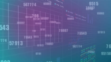 Animation-of-changing-numbers,-graphs-and-trading-board-over-blue-background