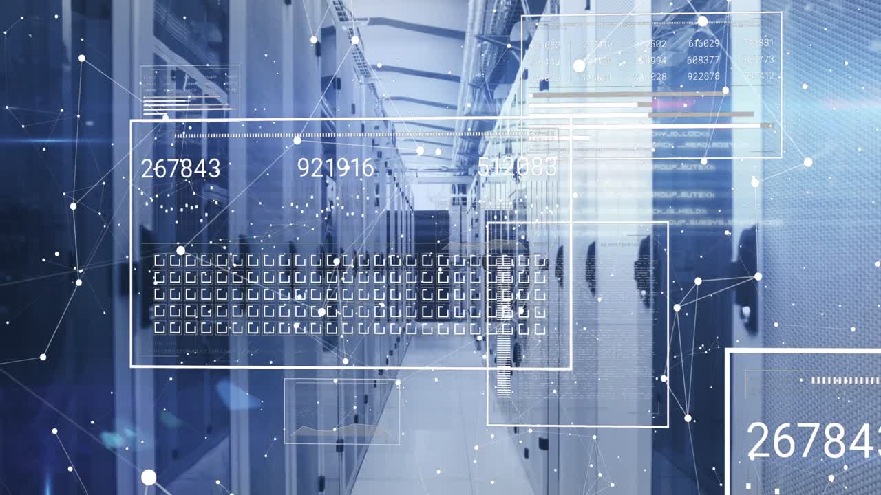 Animation of interface with data processing and network of connections against computer server room