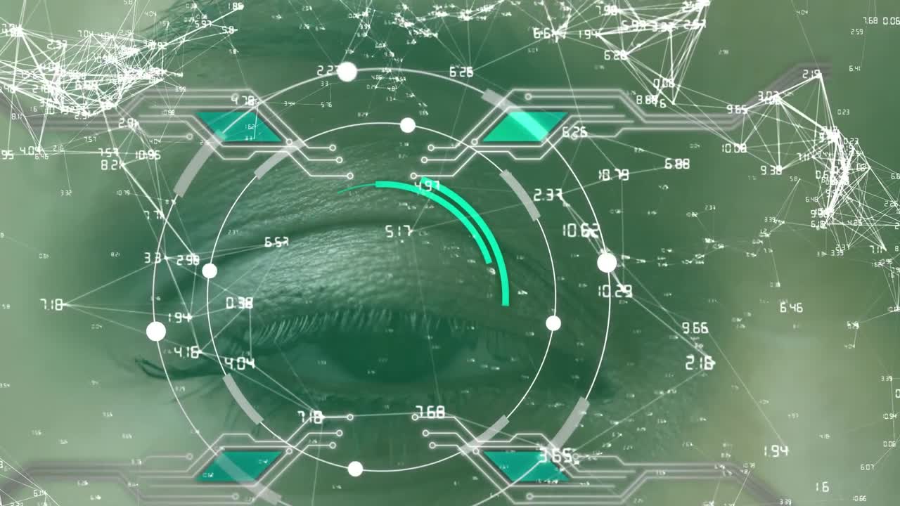Animation of scope scanning and network of connections over woman's eye