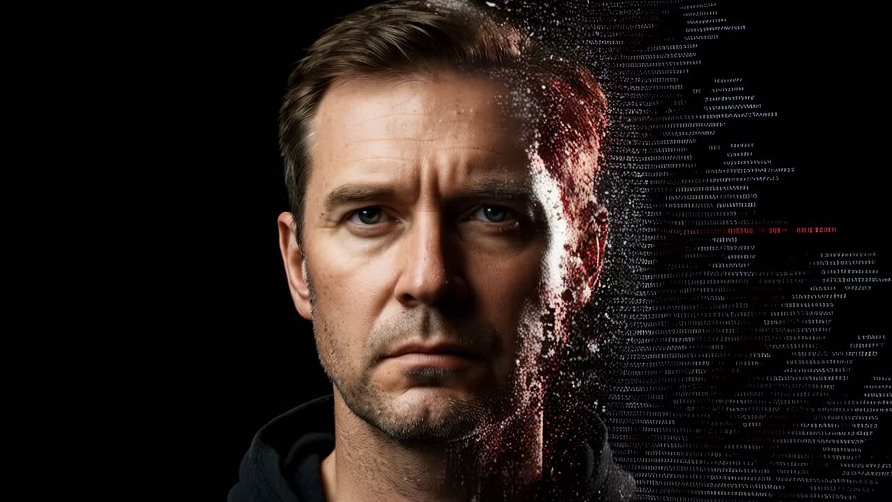 Man with intense expression surrounded by digital particles showing a blend of reality and technology at night