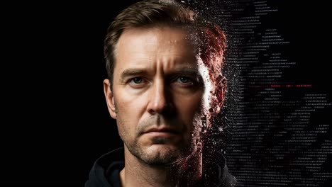 man with intense expression surrounded by digital particles showing a blend of reality and technology at night