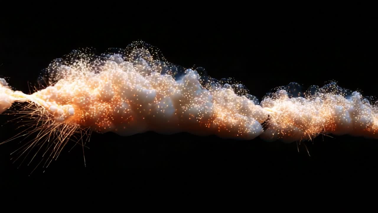 Dynamic and Captivating Display of Explosive Firework Sparks Erupting from a Dramatic Cloud of Vibrant Smoke Against a Stark Black Background