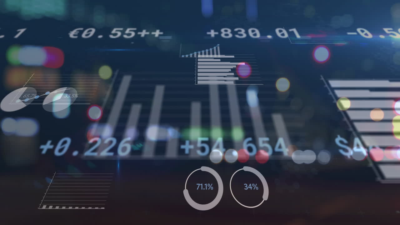 animazione dell'elaborazione dei dati finanziari su luci stradali urbane sfocate