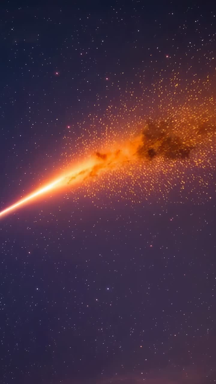 Vertical video: Entering left edge bright meteor slanting across starfield, trailing embers