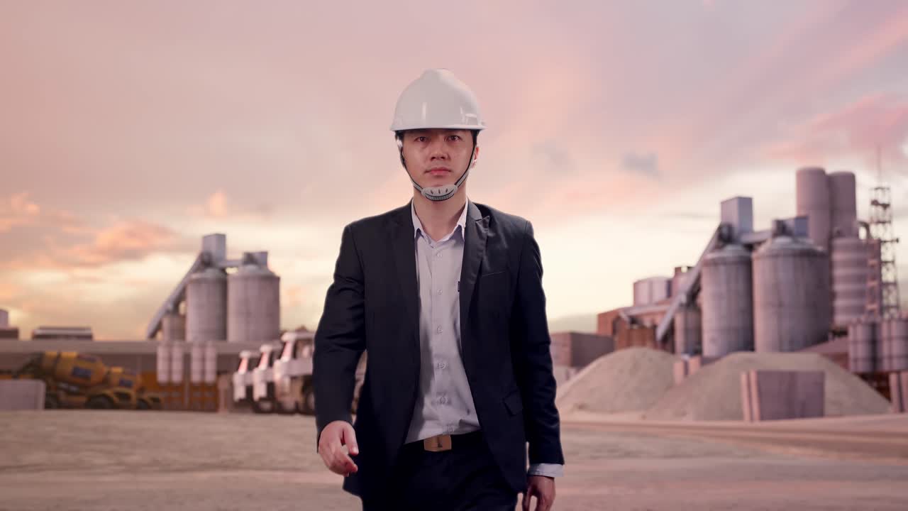 Vista frontal de un empresario asiático caminando en una planta de cemento industrial al atardecer.