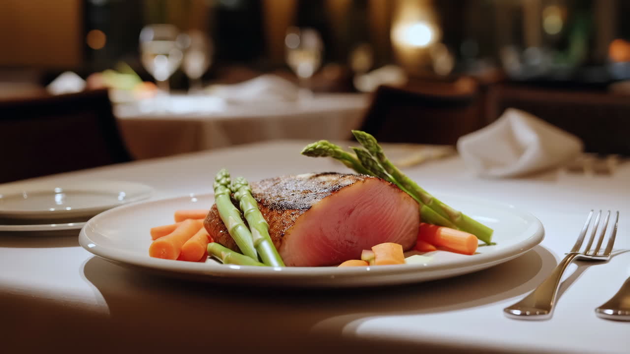 Exquisite Plated Meal: Seared Tuna with Asparagus and Carrots at a Fine Dining Restaurant