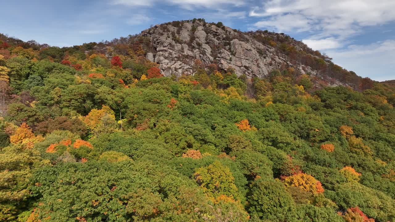 una vista aérea muy por encima de las montañas en el norte del estado de nueva york durante los cambios de follaje de otoño