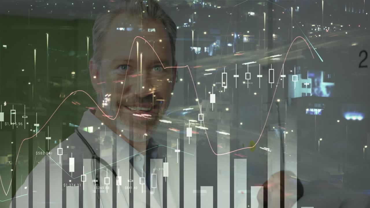 Animation of data processing over caucasian male doctor smiling with patient