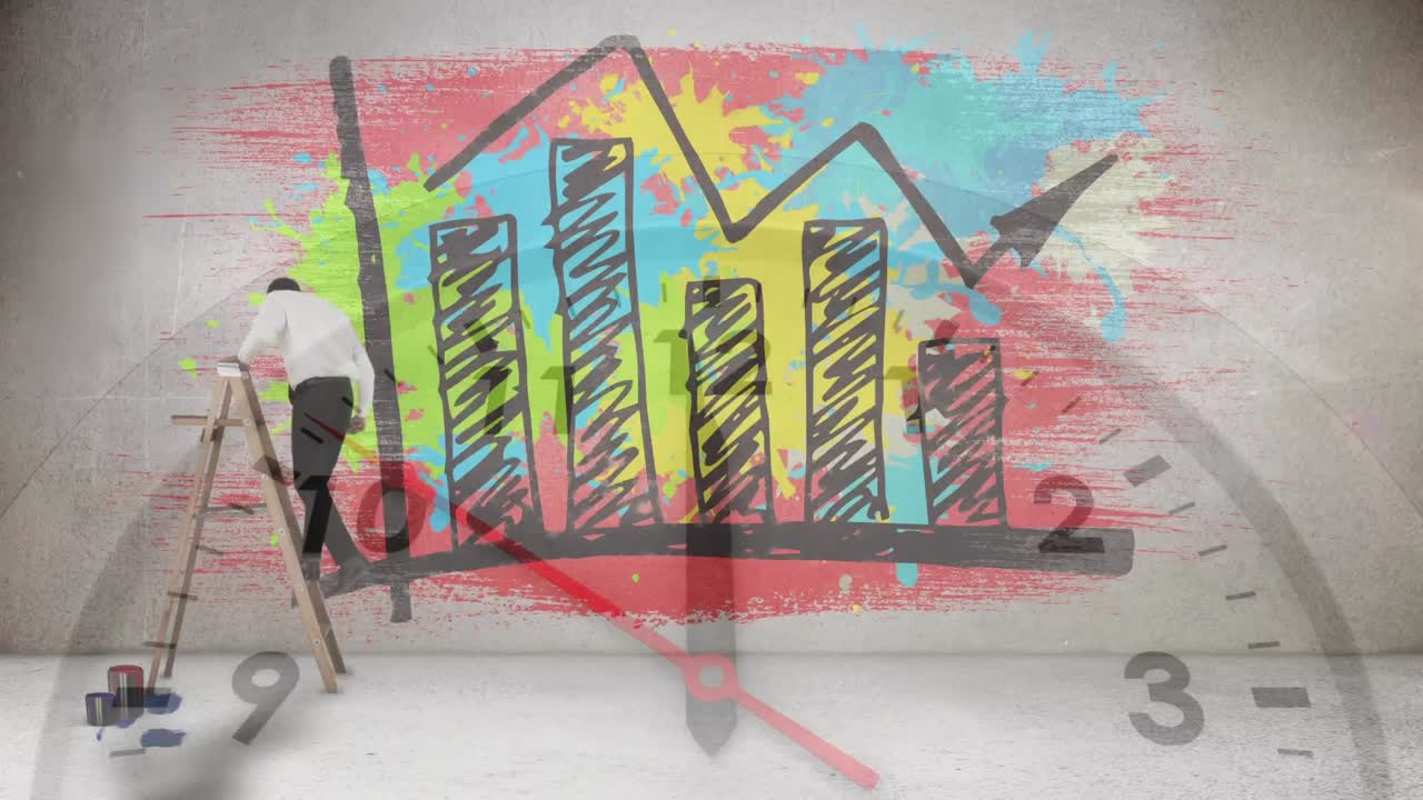 animación de estadísticas e iconos con un hombre de negocios en una escalera y un cronómetro