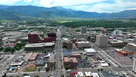 high orbit shot above downtown colorado springs, co