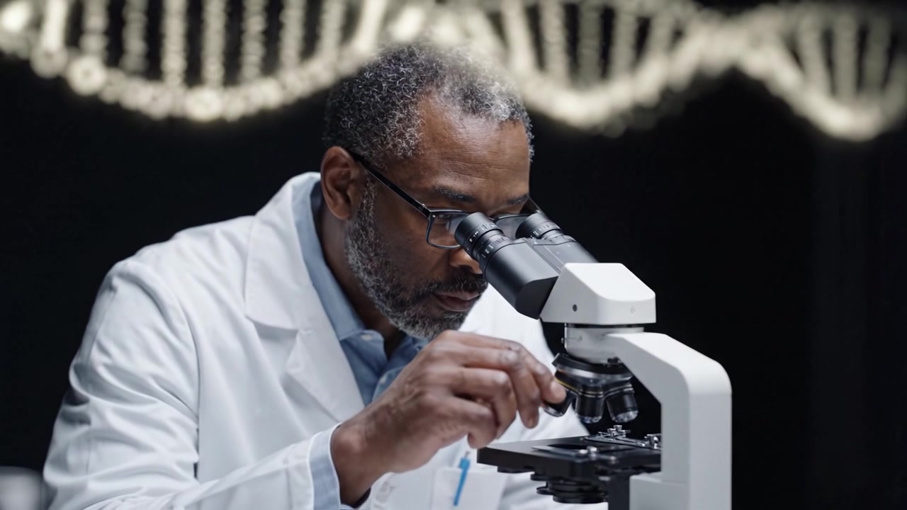 A focused scientist analyzing samples under a microscope in a well-equipped laboratory, showcasing dedication to research and discovery in a scientific setting.