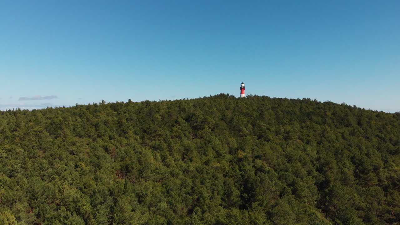 Red and white lighthouse in the forest