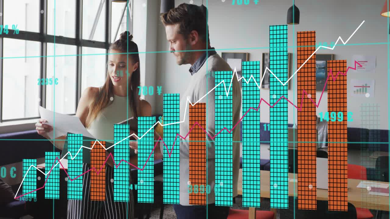 Man showing phone and woman holding paper initiating business data visuals and analyzing charts