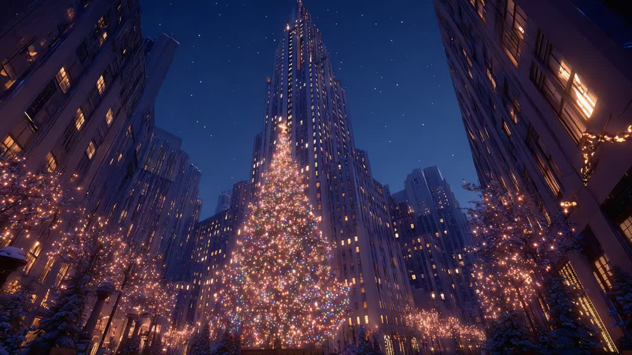 A Festive Evening Scene Featuring a Magnificent Christmas Tree Brightly Adorned with Lights and Surrounded by Twinkling Decorations Amidst Tall Urban Architecture
