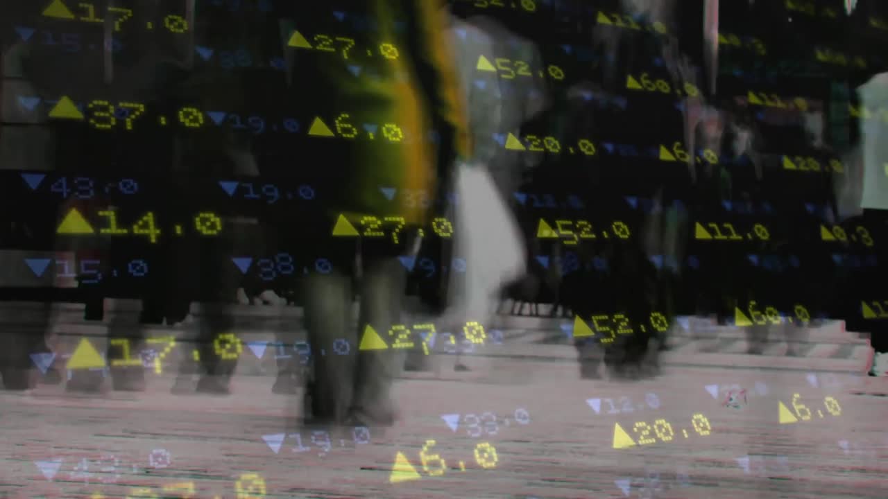 People crossing a street while data is moving