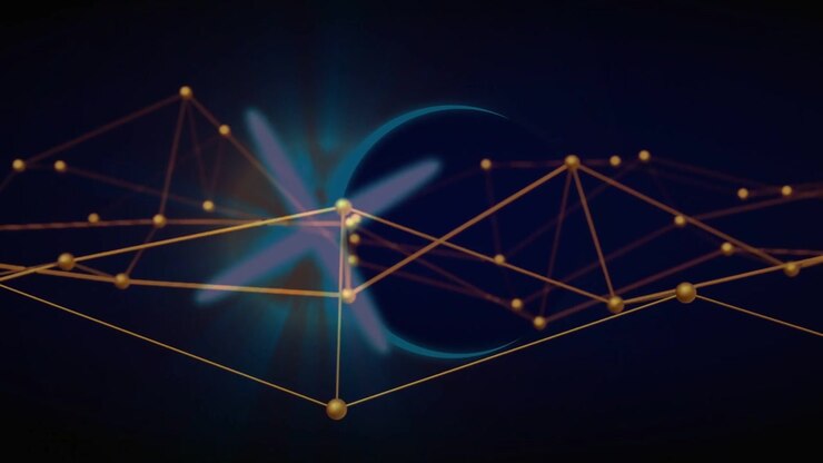 Mesh shifting left, aligning vertex, golden nodes revealing cyan crescent and blue glyph in tech