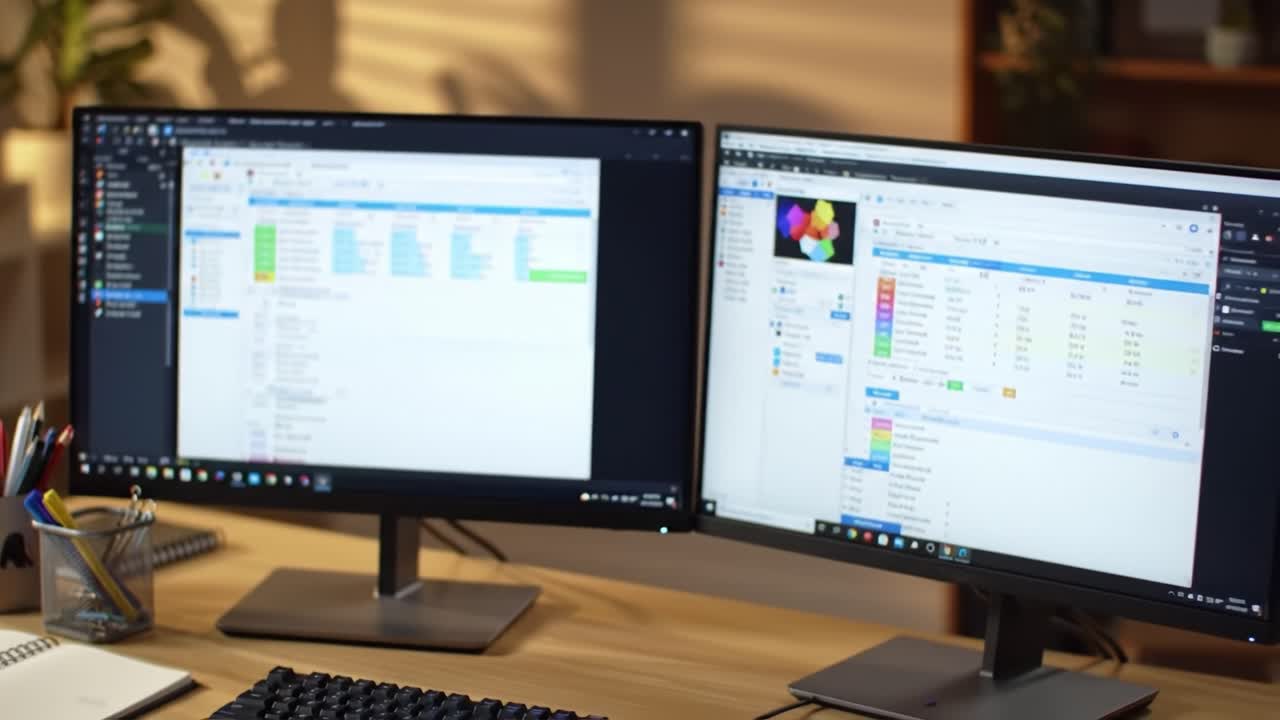 A Professional's Dual Monitor Setup Showcasing Data Management Software with Colorful Graphs and Spreadsheet Analysis in a Contemporary Workspace