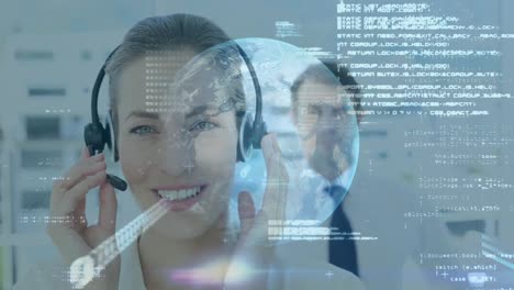 Animation-of-data-processing-and-globe-over-happy-caucasian-female-consultant-with-headphones