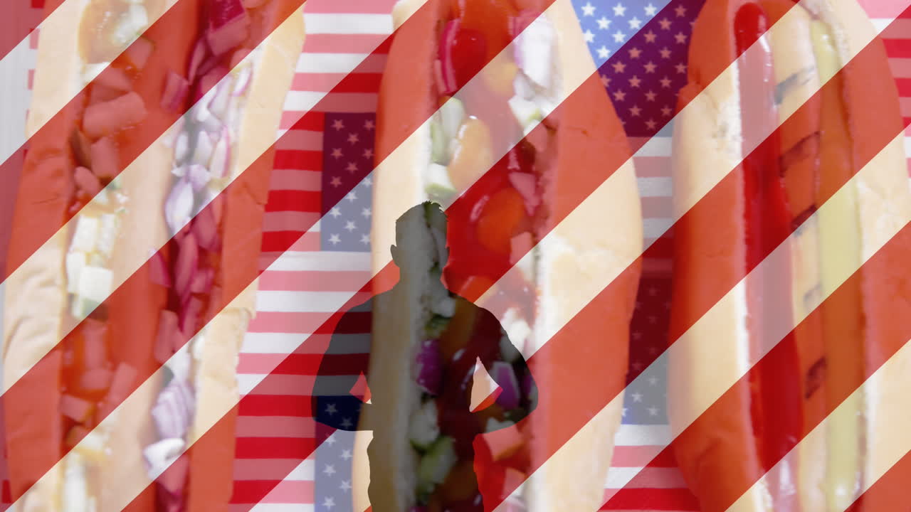 animación de rayas blancas y rojas y silueta humana sobre perritos calientes